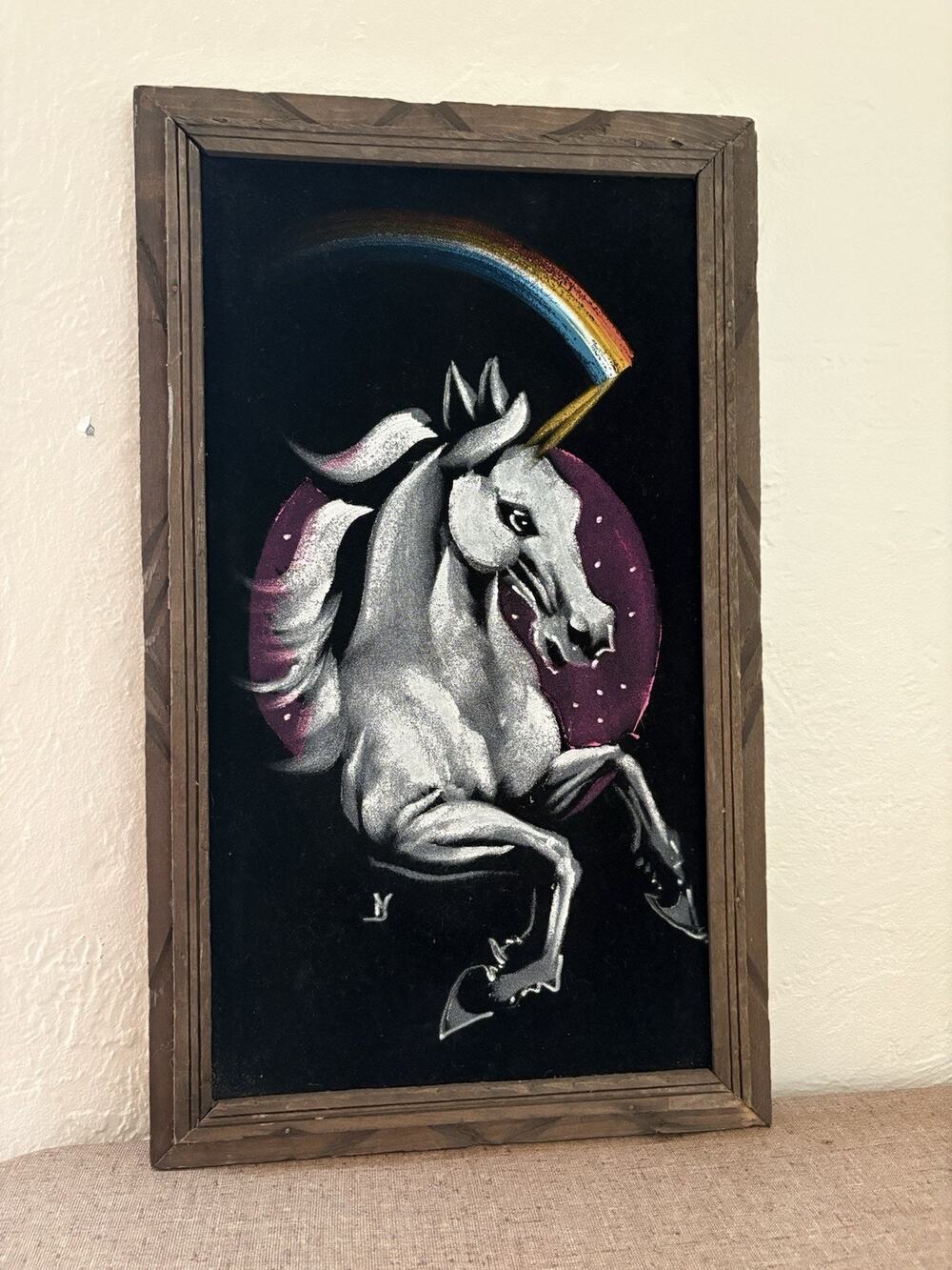 Vintage Black Velvet Art Unicorn Rainbow Wood Framed 22x13” Signed Made Mexico